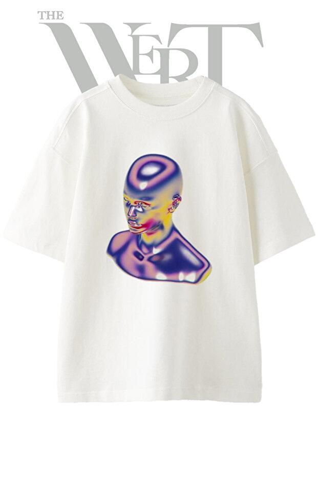 Iridescent Bust Design Printed Unisex White Oversize T-Shirt
