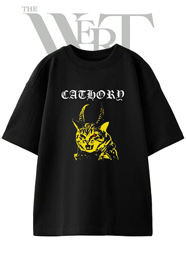 Horned Cat Design Printed Unisex Black Oversize T-Shirt