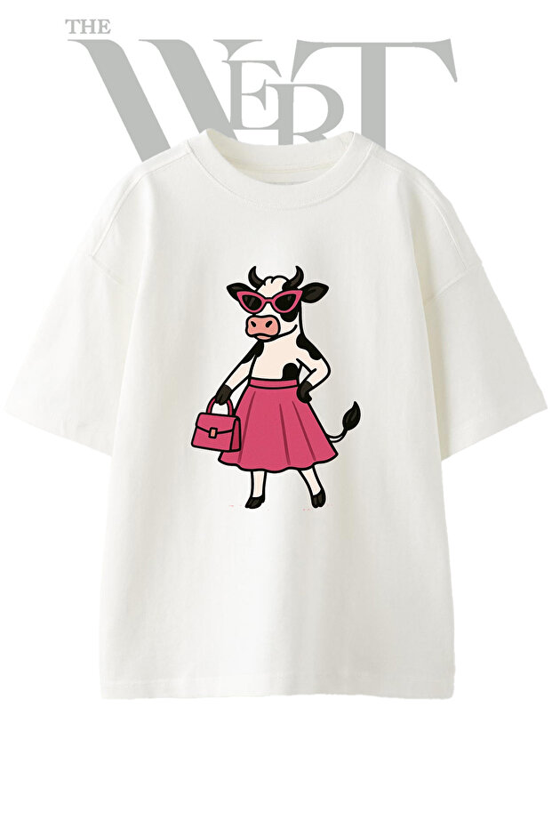 Fashionable Cow Design Printed Unisex White Oversize T-Shirt