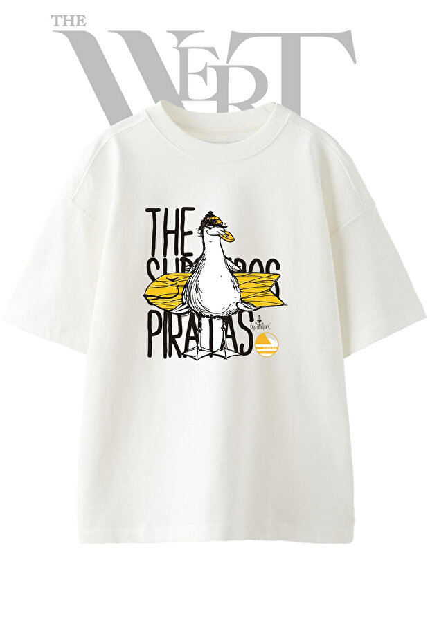 Seagull Surf Pirate Design Printed Unisex White Oversize T-Shirt