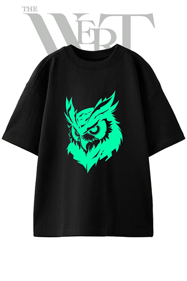 Stylized Owl Design Printed Unisex Black Oversize T-Shirt