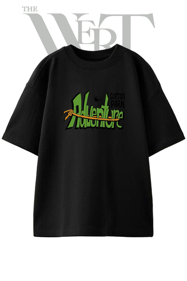 Adventure Zipline Design Printed Unisex Black Oversize T-Shirt