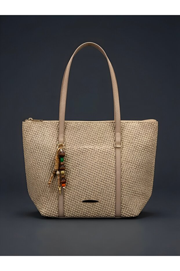 Large Size Women's Lined Shoulder Bag | Beaded Charm Beach Bag | Zippered Daily Bag (35 X 45 cm)