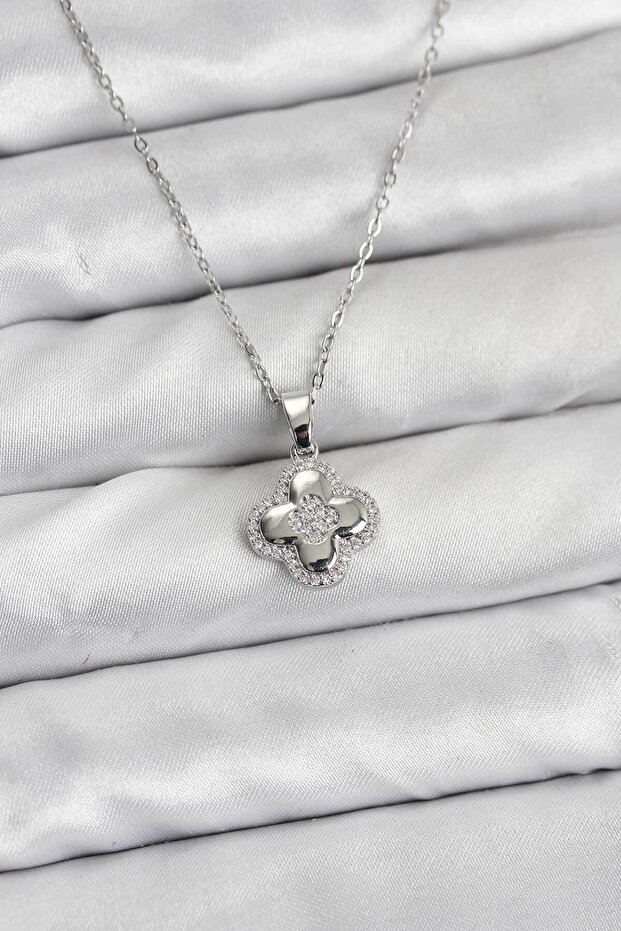 316L Steel Chain Silver Color Zircon Stone Clover Model Women's Necklace