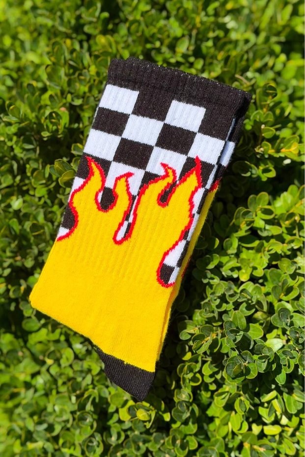 Unisex Checkered Flame Patterned Yellow Tennis Sports Socks