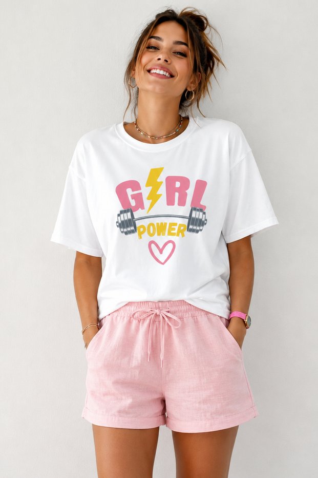 Girl Power Printed Crew Neck Casual Unisex Oversize T-Shirt - Fitness Themed Cotton T-Shirt