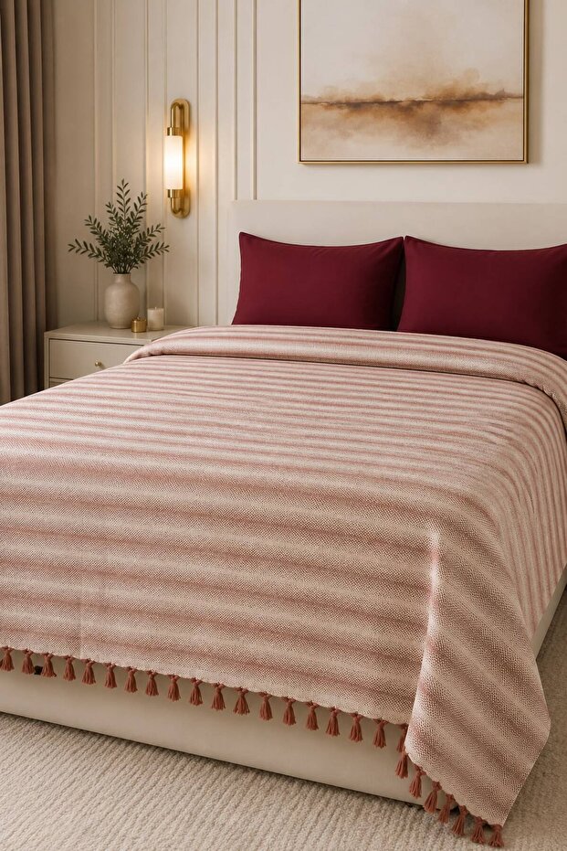 Shadow Pattern | Double Bedspread Pique Fringe Tied Bohemian Bedspread 1 Piece Modern, Washable, Decorative Double Bedspread Tile