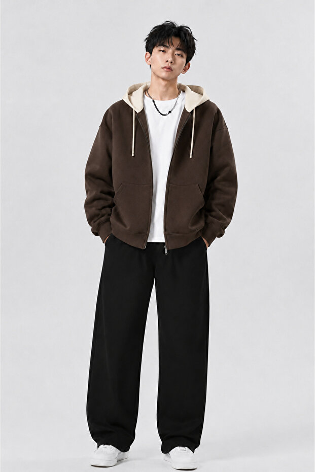 Patternless Sweatshirt Zippered Cardigan - Black Oversize Pocket Winter Hoodie