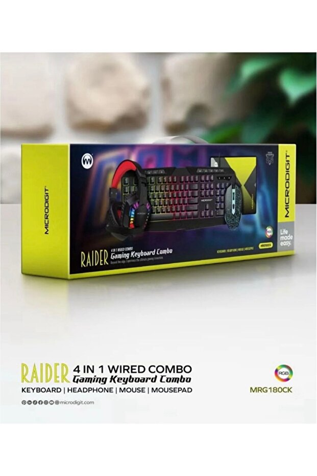 طقم ألعاب سلكي من مايكرو ديجيت 4 في 1 مع لوحة مفاتيح وماوس وسماعة وماوس باد - RGB إضاءة