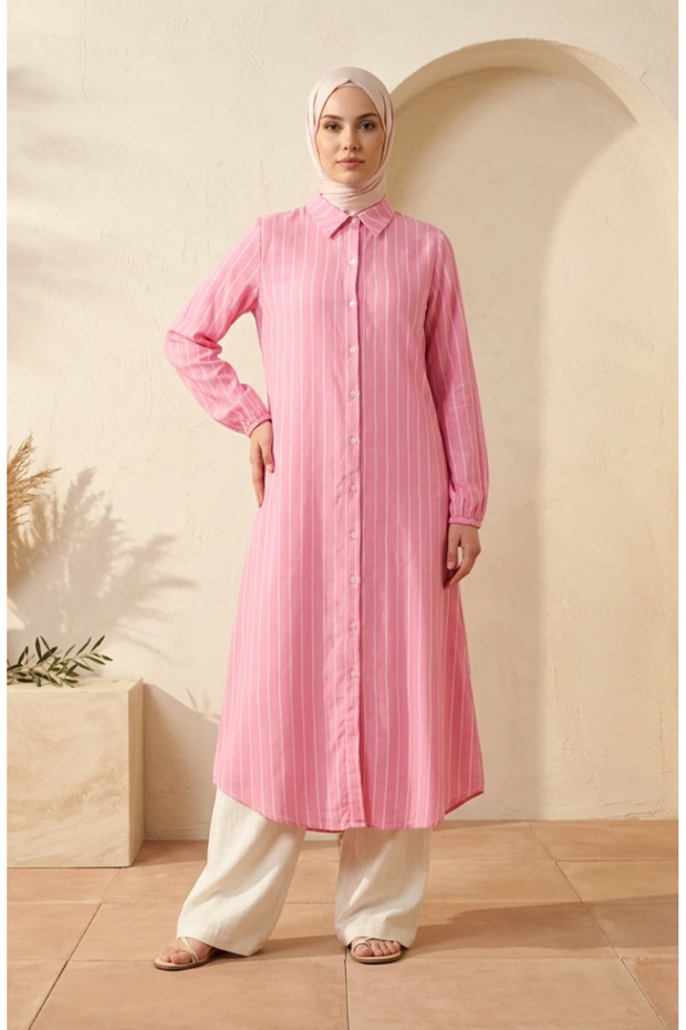 Muslin Fabric Buttoned Striped Tunic 0342-09 Pink