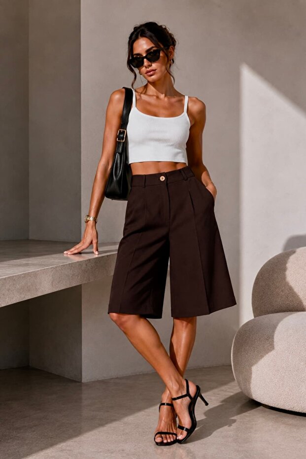 Pleated Buttoned Fabric Capri Shorts – Below Knee Length High Waist Stylish Women's Shorts My3534