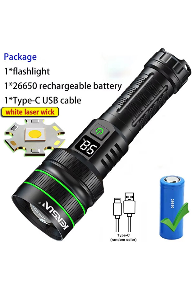 مصباح يدوي LED عالي الطاقة من Green-B، قابل لإعادة الشحن عبر USB، مصباح تكتيكي قوي، فانوس ذو إضاءة قوية