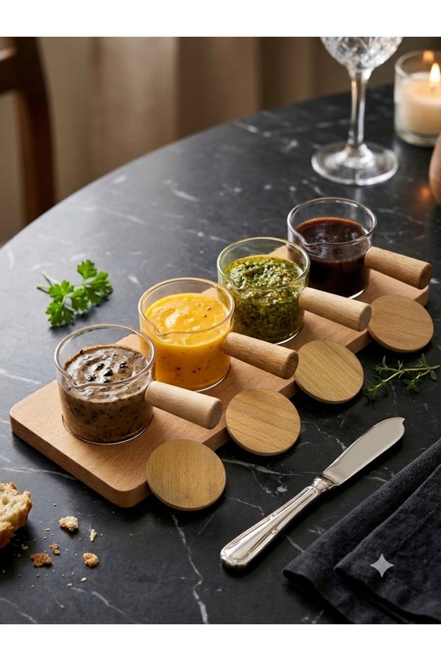 4-Piece Sauce Bowl Set, Turkish Delight Bowl, Milk Bowl, Wooden Handle - Volume 90 Cc / Mica Hard Plastic