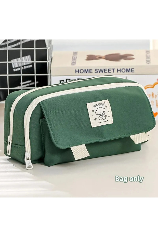 Green Cute Big Capacity Pencil Case with 3 Compartments for Stationery Storage Dog Pattern School Pe