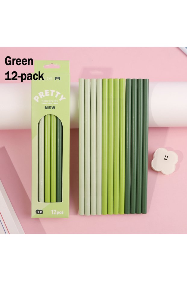 Green 12pcs 12-Piece Set of Gradient-Colored Pencils in a Box: Natural Wood Finish, Eco-Friendly,