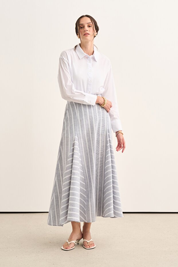 Women's Cotton Pieced Flounce Skirt Striped Dark Navy Blue