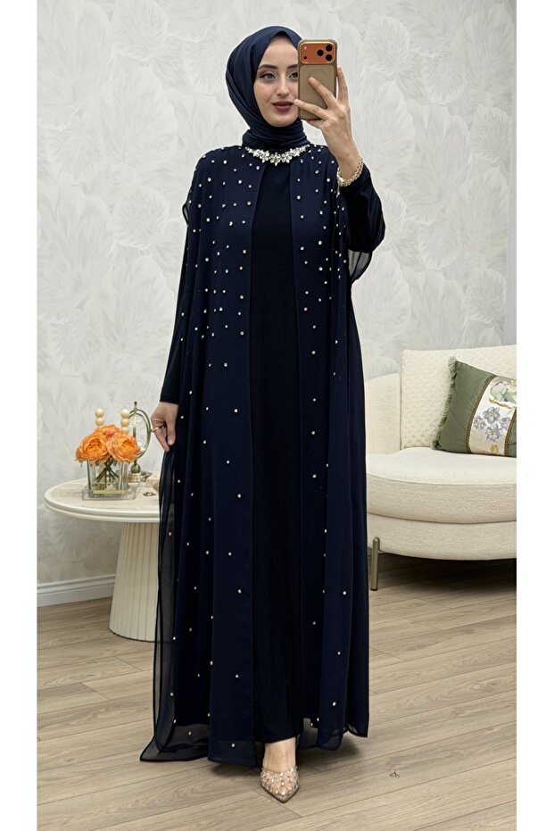 فستان سهرة لامع أزرق داكن