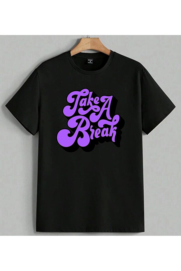 Take a Break Purple Typography Printed Unisex Oversize T-Shirt Black