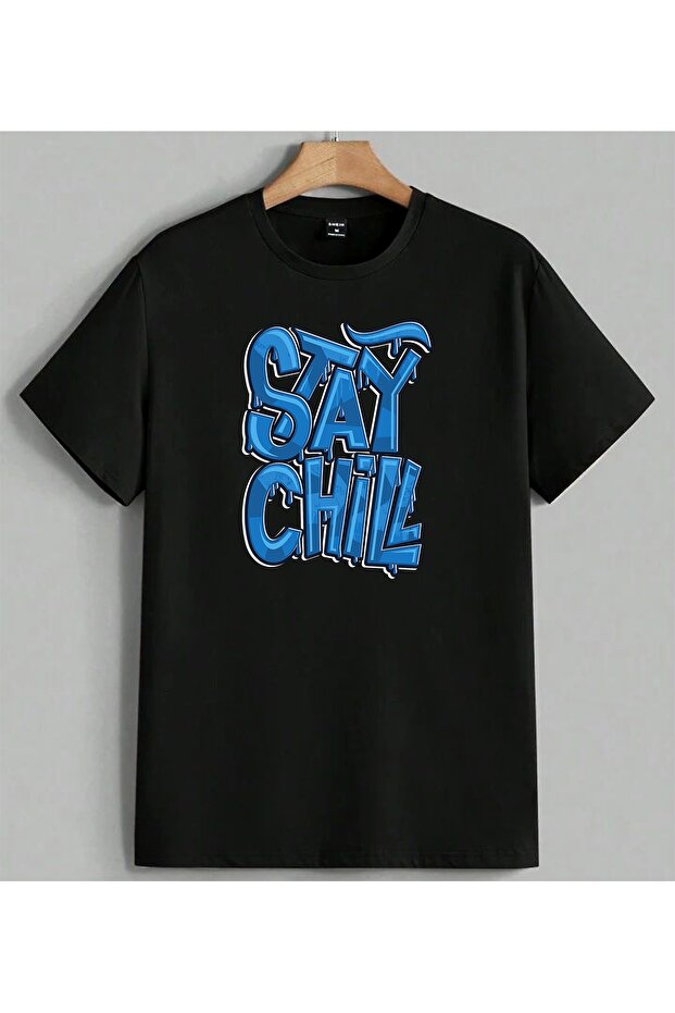 Blue Graffiti Stay Chill Printed Unisex Oversize T-Shirt Black