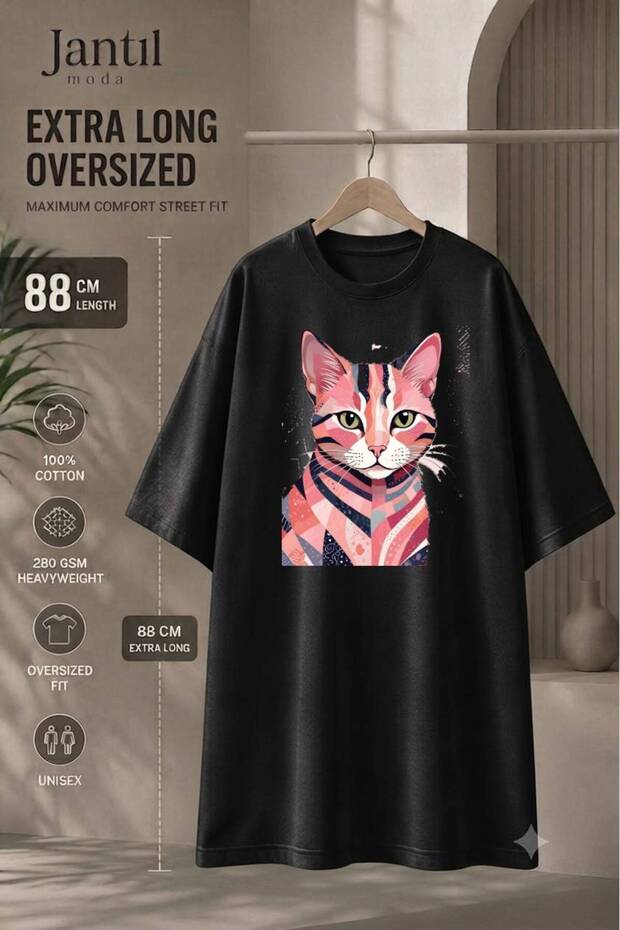 Crew Neck Colorful Geometric Cat Figured Extra Long Oversize Tunic T-Shirt Short Sleeve