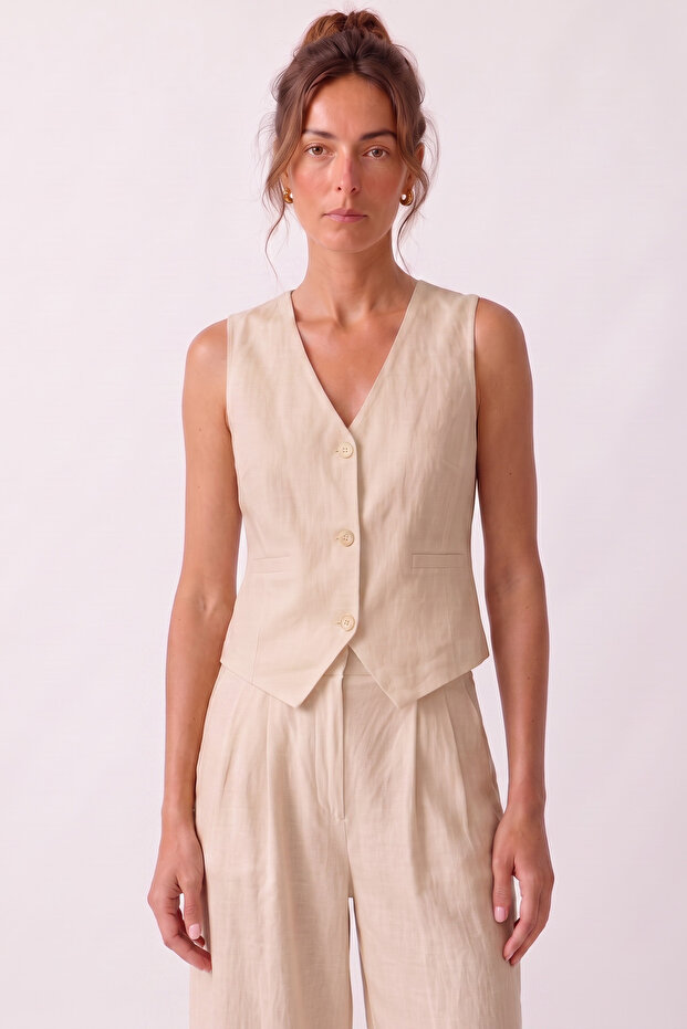 Women's Terra 100% Linen Vest Summer Breathable Latte W301-K0402-02