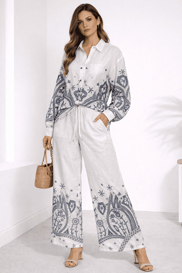 Women's Light Beige Geometric Patterned Elastic Waist Drawstring Wide Leg Pants