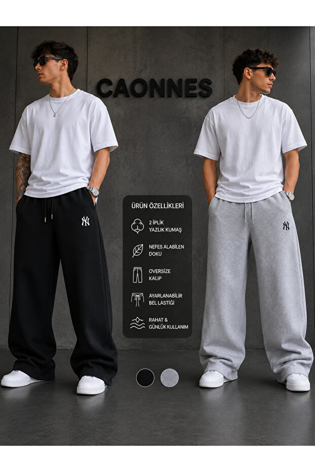 2-Pack Men's Ny Printed Sweatpants (Black-Grey) Oversize Baggy Loose Legs