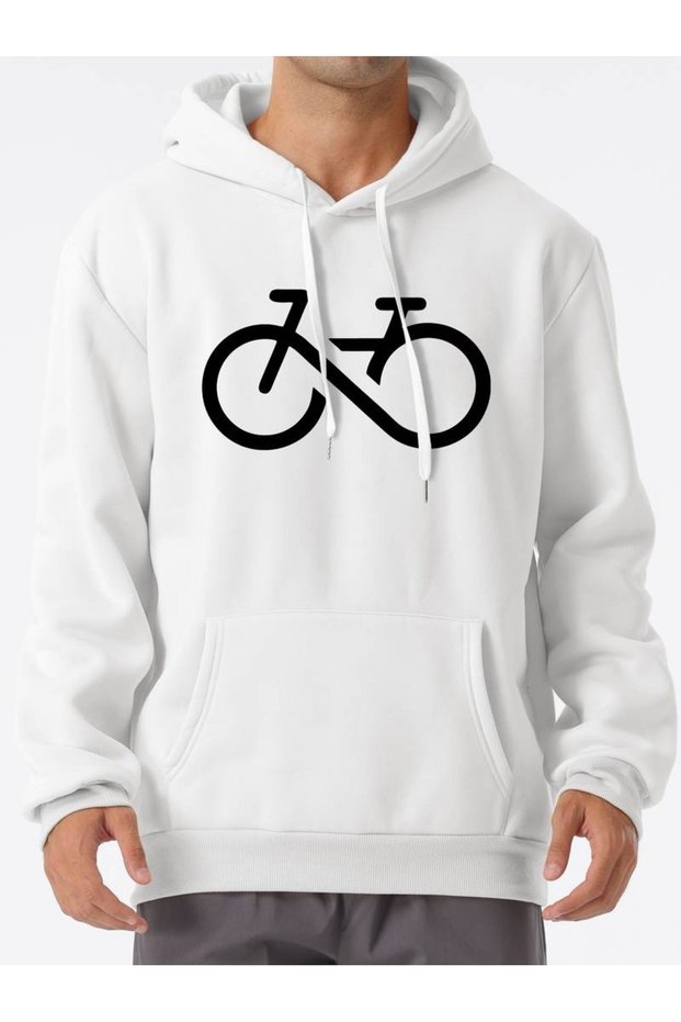 Men's White Linear Bicycle Printed 3 Thread Hooded Hoodie Sweatshirt