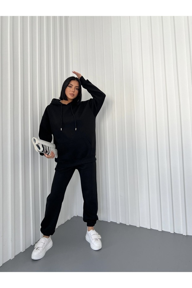Women's Black Plain Hooded 3 Thread Sweat Jogger Set