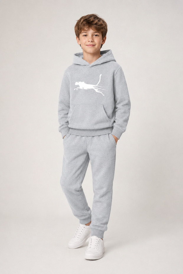 Hooded Cheetah Printed Kangaroo Pocket 2-Season Unisex Children's Tracksuit Set