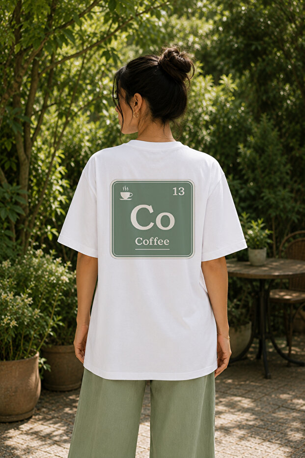 Premium Coffee Element Oversize Unisex T-Shirt 100% Cotton Periodic Table Coffee Themed White T-Shirt