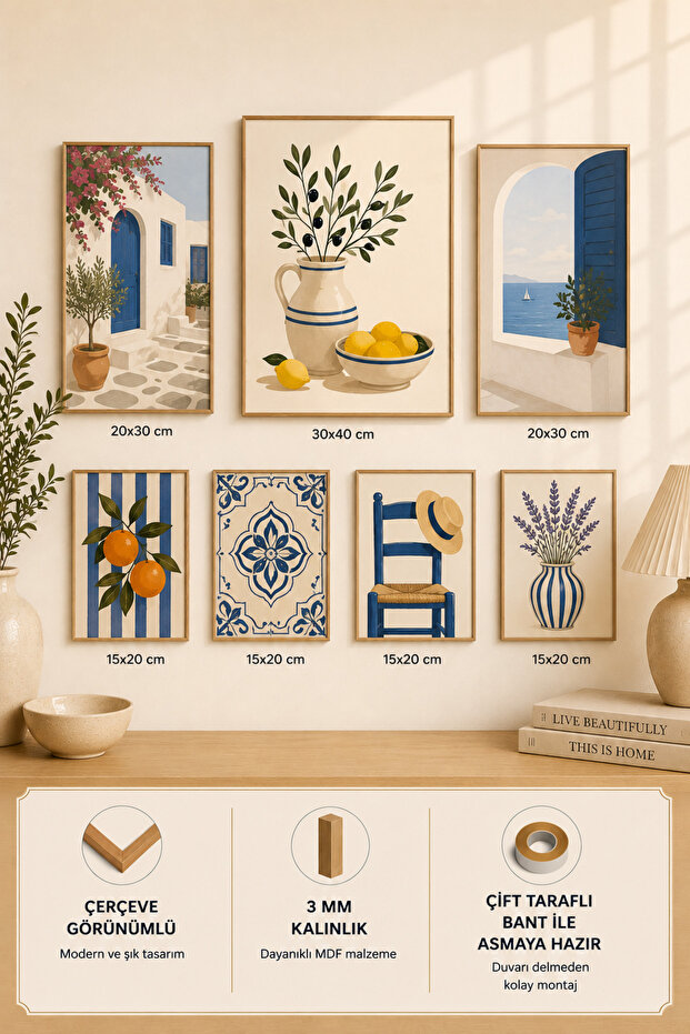 7-Frame View of the Mediterranean | Lemon | Olive | Modern | Italian & Mediterranean Style | Living Room, Office, Kitchen and Study Room Wall Decor