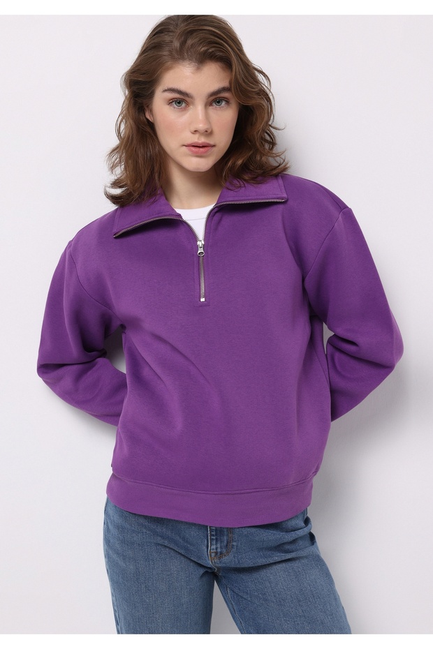 Regular Fit Zippered Embroidered Women's Purple Sweatshirt