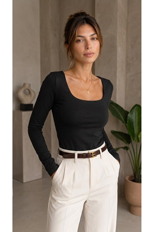 Women's Black Square Collar Long Sleeve Lined Front Viscose Elastane Trendy Blouse