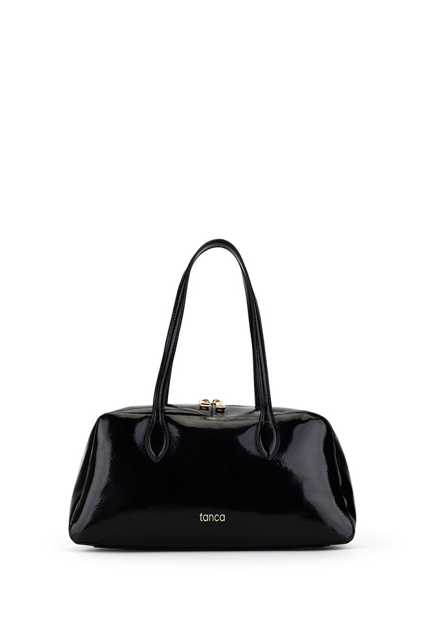 Women's Genuine Leather Black Wrinkled Patent Leather Handbag