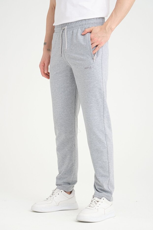 Men's Gray Regular Fit Waist-Tie Belted Pocketed Straight-Leg Combed Cotton Fabric Sweatpants