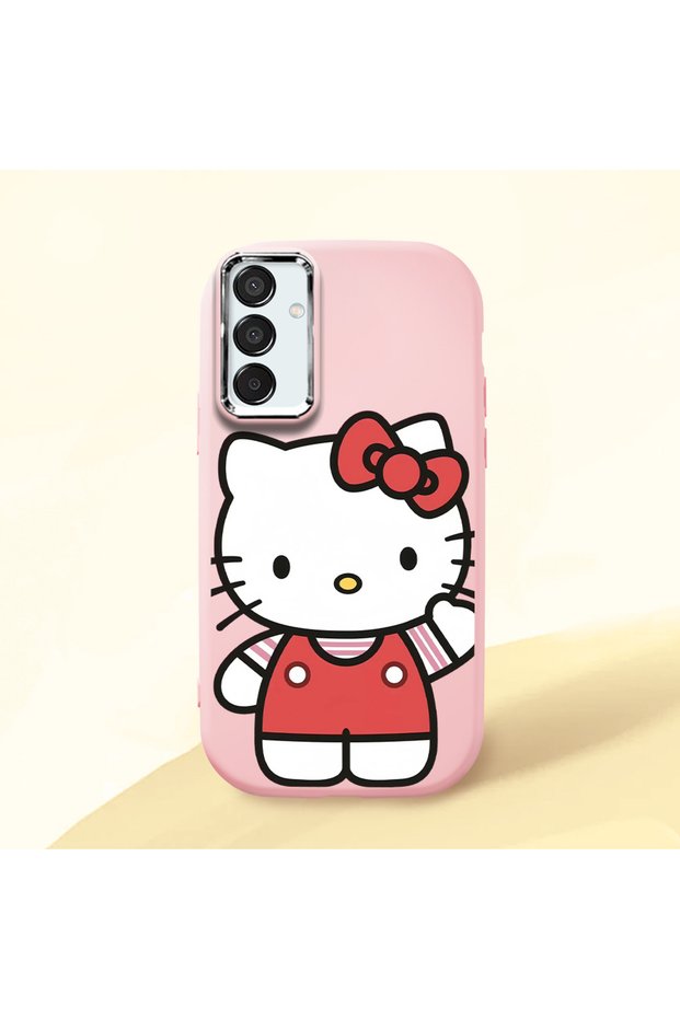 Samsung Galaxy M15 Compatible Case Camera Protector Pink Silicone Couple Phone Case with Kitty Pattern