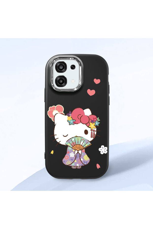 Oppo A6 Pro Compatible Case Camera Protector Black Silicone Couple Phone Case Kitty Patterned