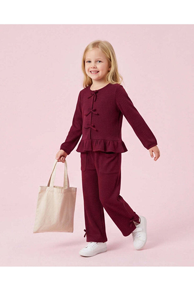 Girls Burgundy Peplum Top And Wide Leg Pants Set