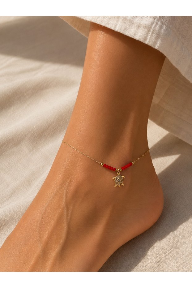 Elegant Red Beaded Zircon Stone Turtle Anklet