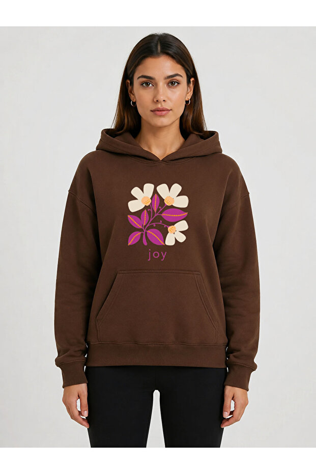 Joy Floral Printed Hooded 2 Thread Threaded Sweatshirt