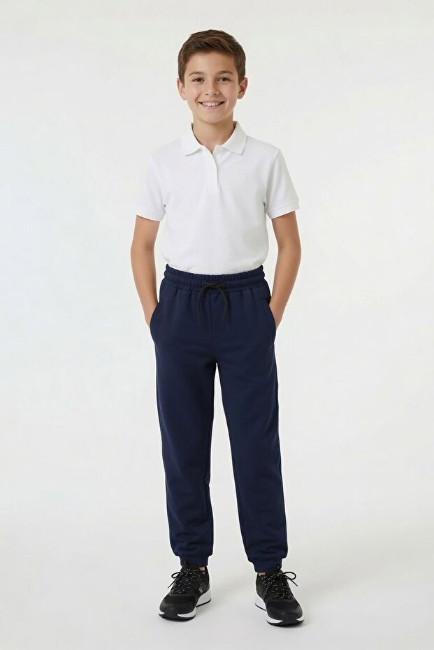 Navy Blue Boys' Elastic Waist Zippered Pocket School Sweatpants 24732