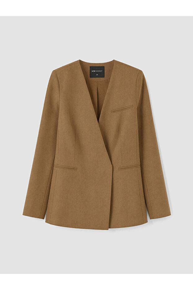 Beige Double-Breasted Collar Women's Blazer Jacket