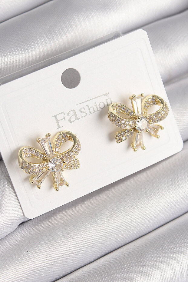 Brass Gold Color Zircon Stone Bow Model Women's Earrings
