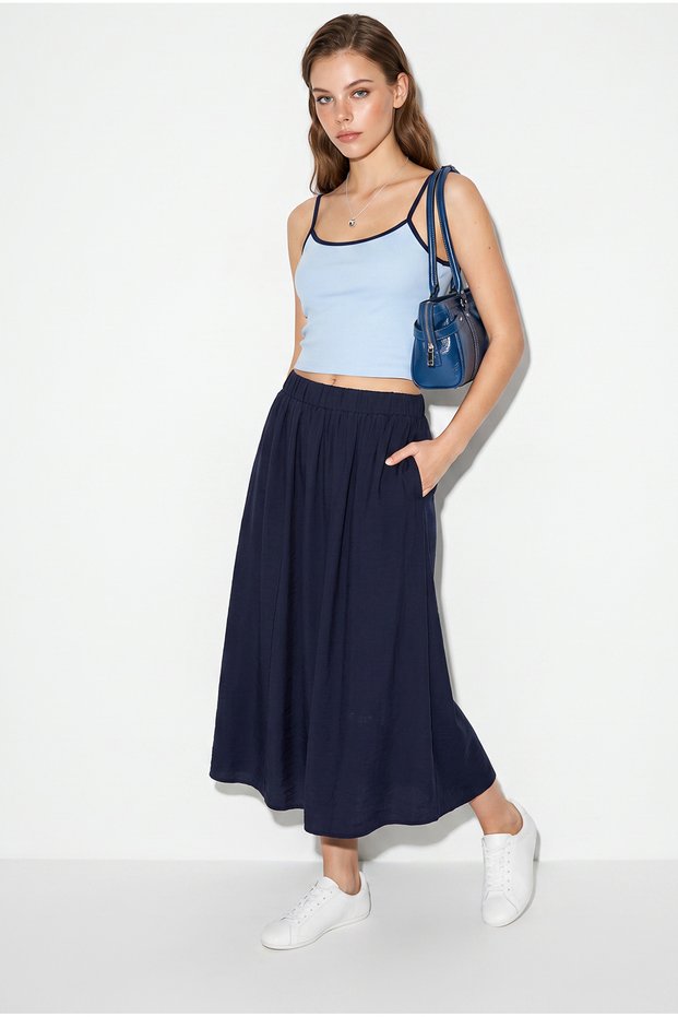 Women's Navy Blue Elastic Waist Pocket Detailed Flowy Maxi Skirt 7597 60286144