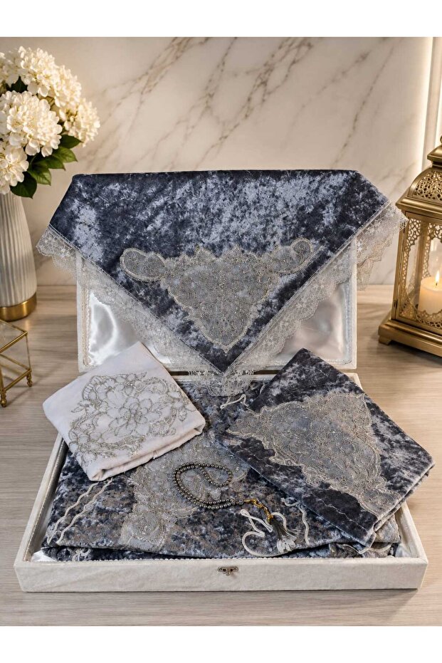 Gray Luxury Velvet French Laced 5 Piece Prayer Rug Set - Dowry Bundle Set Without Box