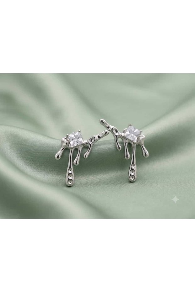 Liquid Silver Melted Metal Textured Transparent Color Stone Earrings