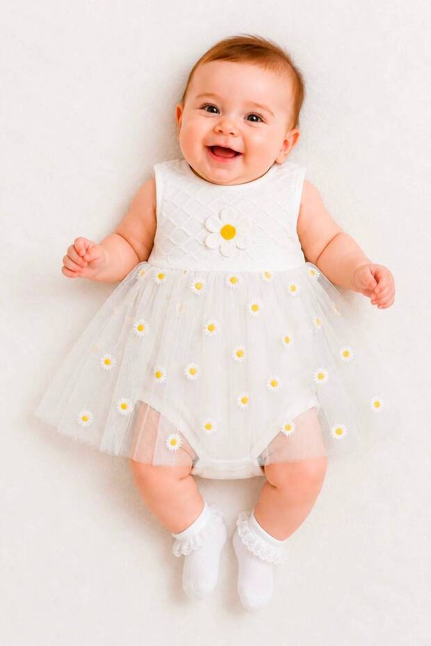 Baby Girl Tulle Dress Body Embroidered Cotton Romper Dress with Snap Fasteners for Daily and Special Occasions