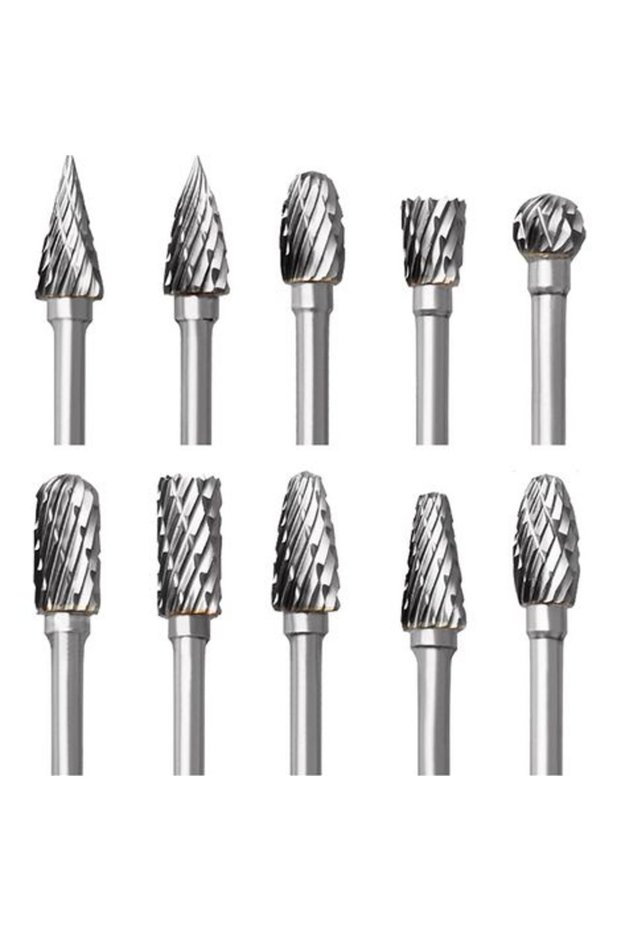 Tungsten Steel End Mill Set 10-Piece Double-Edged Rotary 1/8" Shank for Wood Carving Drilling Polishing Metalworking