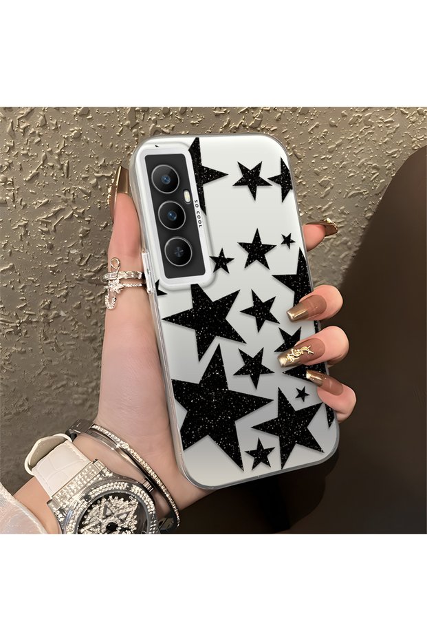 Realme C65 4g Compatible High Quality Flat Printing Black Star Pattern Cool Silicone Phone Case